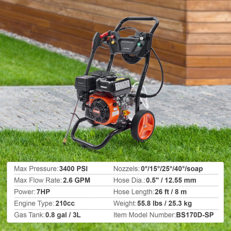 KFFKFF 3400 PSI 2.6 GPM Gas Pressure Washer w/26 ft High Pressure Hose 5 Nozzles Gas Powered Washer - Image 2