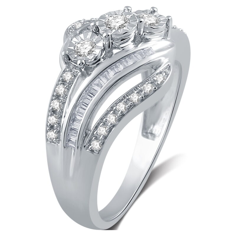 Brilliance Fine Jewelry 1/4 CTTW Round & Baguette Diamond Sterling Silver Women's Statement Ring - Image 3