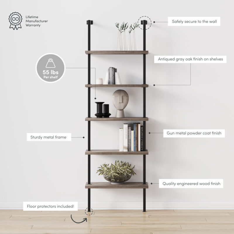 Nathan James Theo 5-Shelf Ladder Bookcase Rustic Gray Oak Wood Black Metal Frame - Image 3
