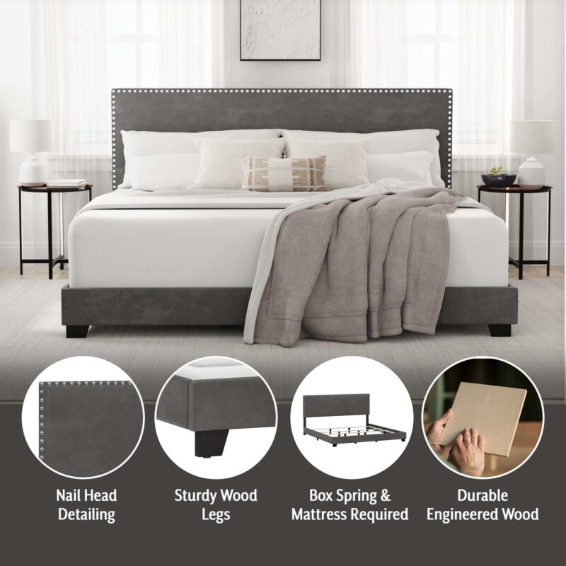 Willow Nailhead Trim Upholstered King Bed, Charcoal Faux Leather - Image 6