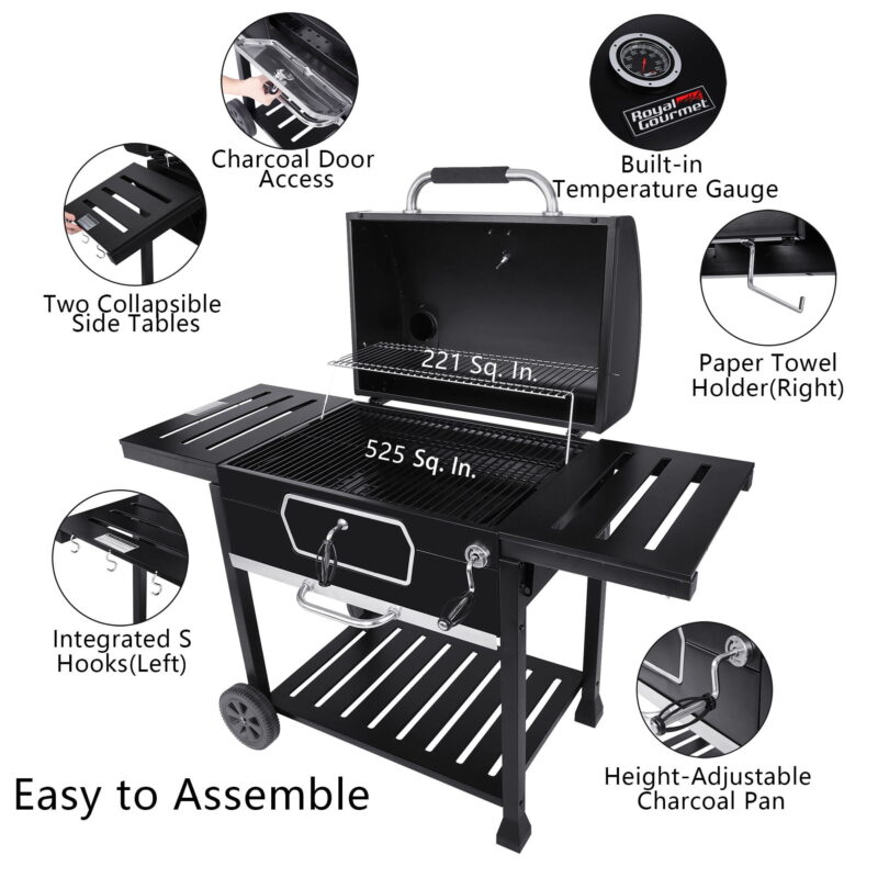 Royal Gourmet 30" CD2030AN Deluxe Charcoal Grill, BBQ Smoker Picnic Camping Patio Backyard Cooking, Black - Image 6