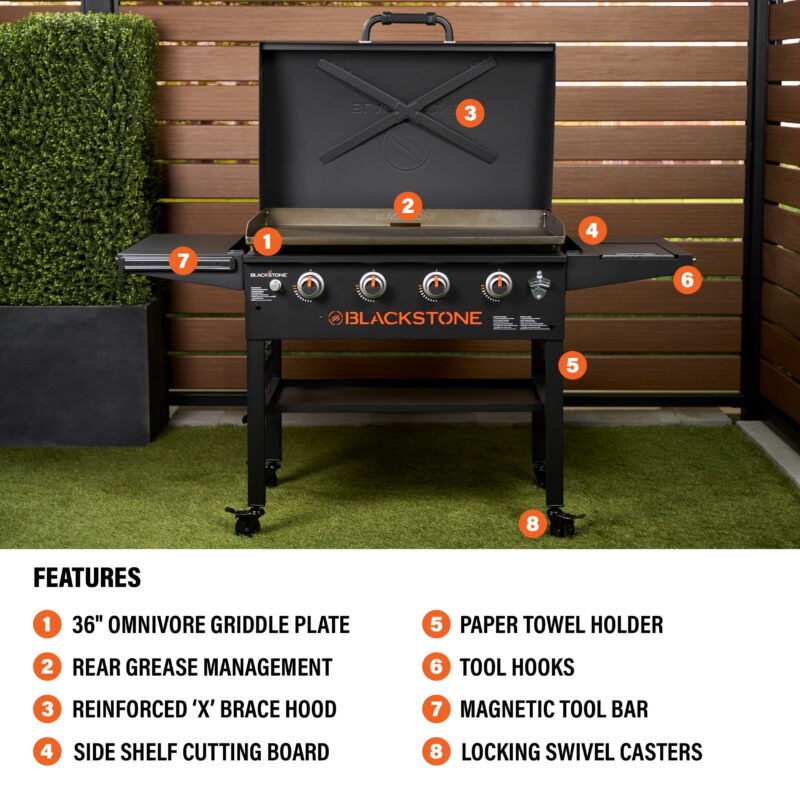 Blackstone Original 4-Burner 36" Natural Gas Omnivore Outdoor Griddle with Hood and Folding Side Shelves - Image 5