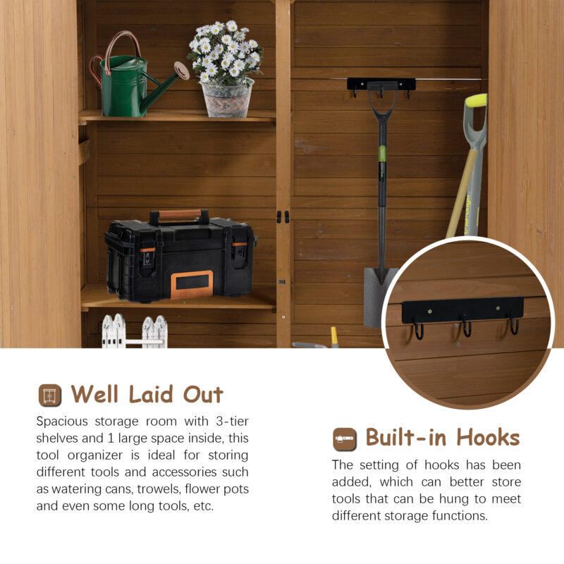Outdoor Storage Shed with Lockable Door, Wooden Tool Storage Shed with Detachable Shelves and Pitch Roof, Brown - Image 2