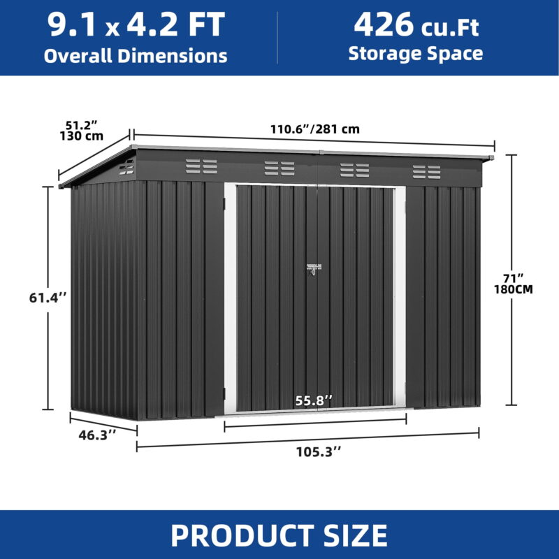 Uforic Oversized Steel Storage Shed with Ventilation, Lockable Doors, and Sloped Roof for Outdoor, Dark Gray - Image 3
