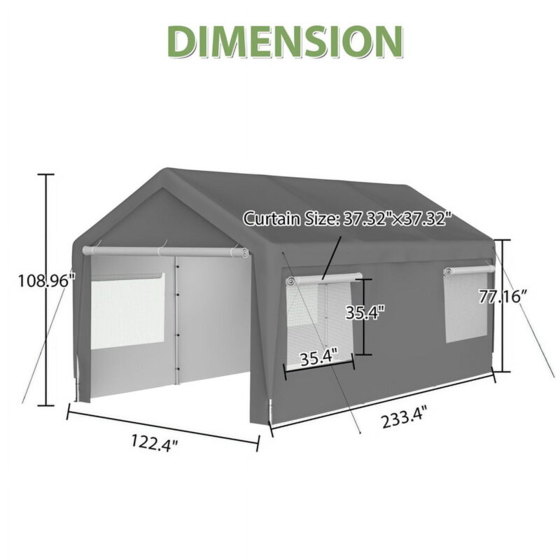 10x20 Heavy Duty Steel Canopy Tent with Roll-up Ventilated Windows, Garage Carport with Removable Sidewall & Doors, Gray - Image 5