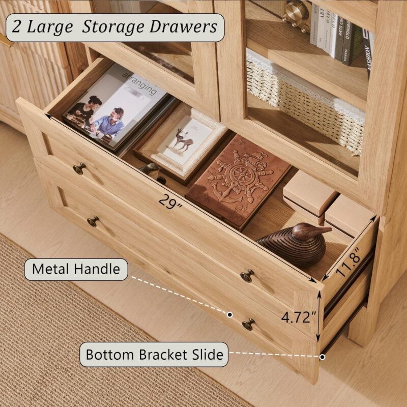 71" Tall Arched Bookshelf, 4-Tier Bookcase with Glass Doors and Shelves, Wooden Display Cabinet w/2 Large Storage Drawers - Image 5