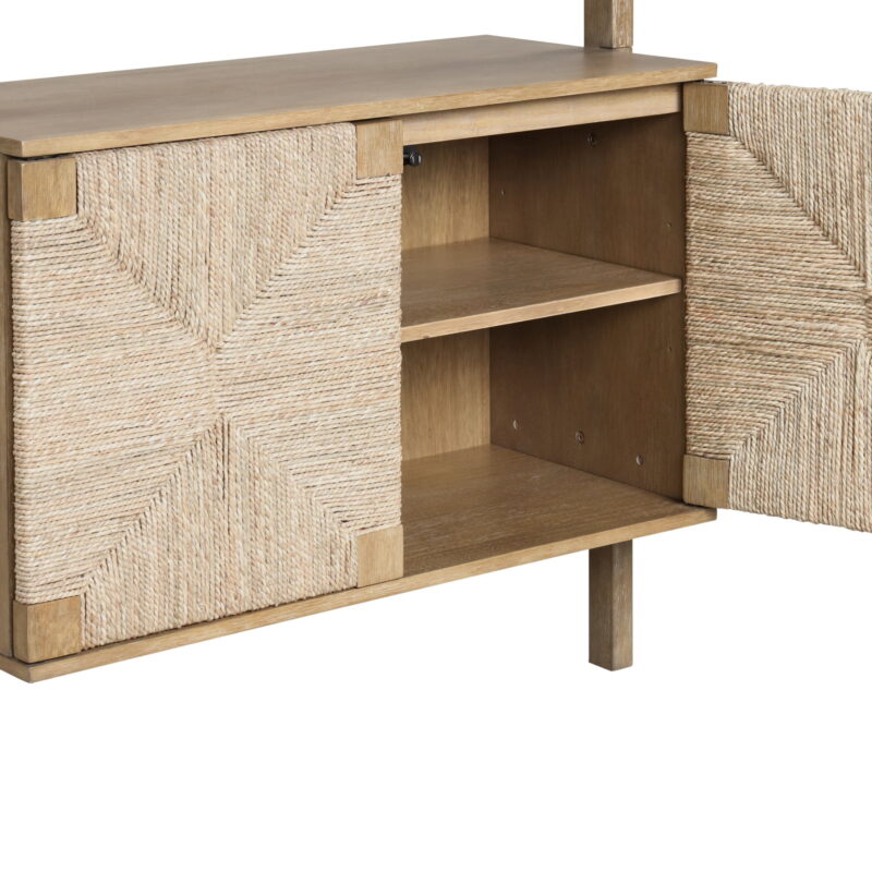 Nathan James Beacon 3-Shelf Solid Wood Bookshelf with Storage Cabinet, Bohemian Wall Mounted Shelf with Seagrass Door Fronts - Image 5
