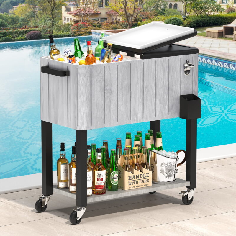 Uforic 80 Quart Rolling Cooler Cart, Outdoor Portable Beverage Ice Chest Cart, with Bottle Opener, Drain & Bottom Tray, Gray - Image 2