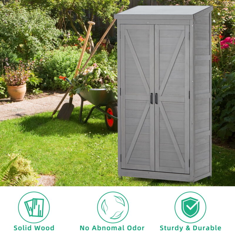 Outdoor Storage Cabinet and Metal Top,Garden Storage Shed,Outdoor 68 Inches Wood Tall Shed for Yard and Patio - Image 7