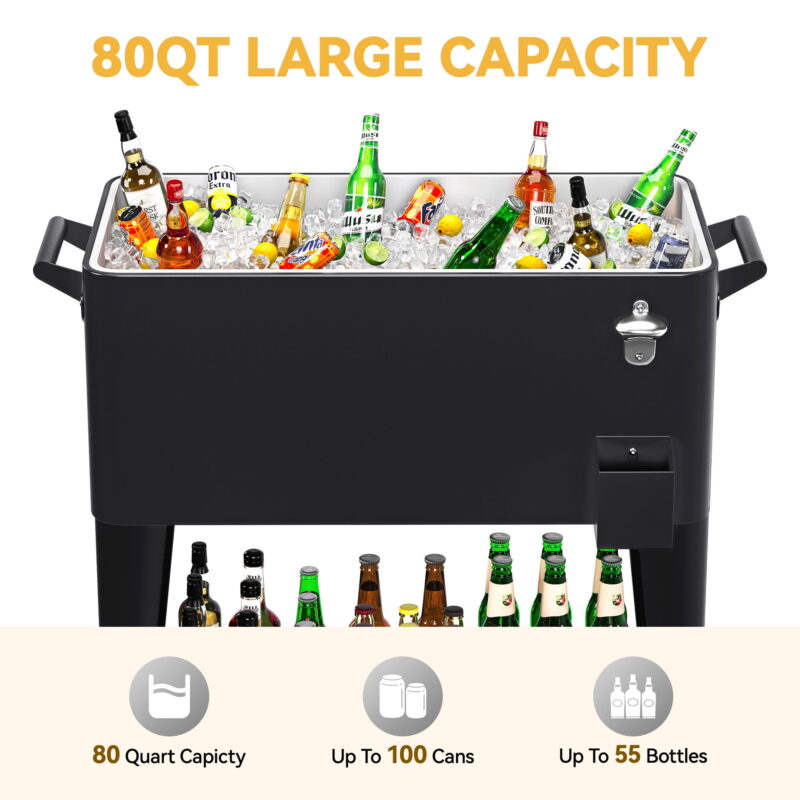 Uforic 80 Quart Rolling Ice Chest Cooler Cart, Outdoor Portable Beverage Cart, with Handles, Bottle Opener & Drain, Black - Image 3
