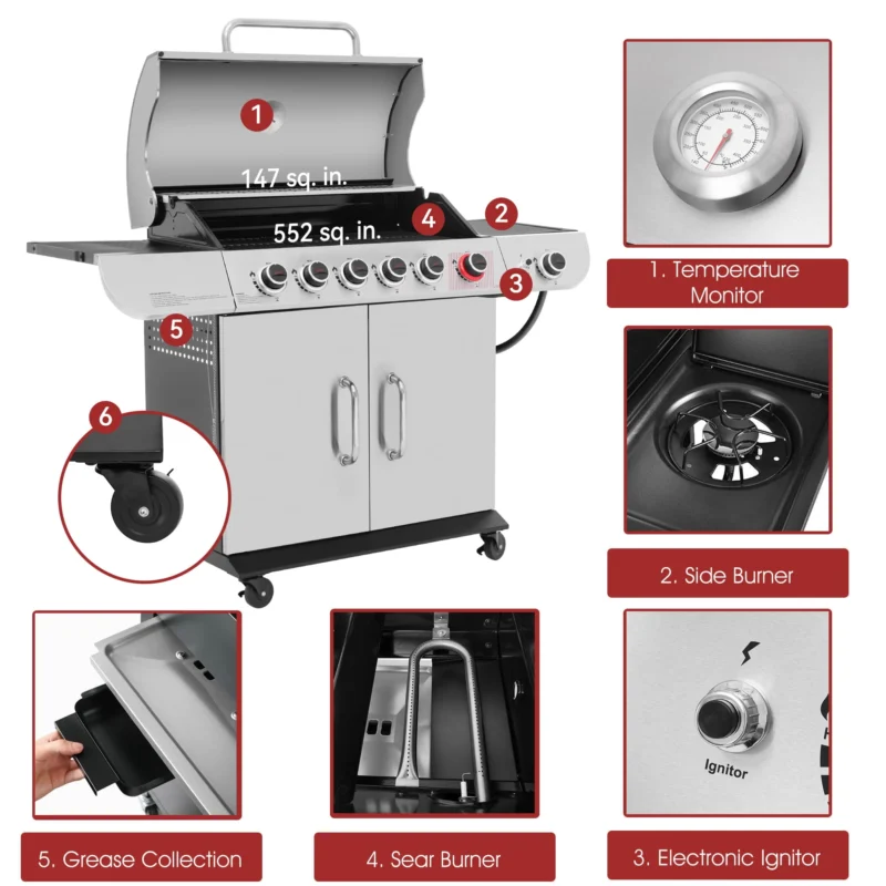 Royal Gourmet SG6002 Classic 6-Burner 71000-BTU LP Gas Grill with Sear Burner and Side Burner, Stainless Steel - Image 5