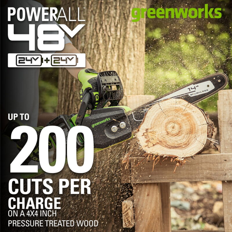Greenworks 48V (2x24V) 14" Brushless Chainsaw + (2) 4Ah USB Batteries & Dual Port Charger 2017902 - Image 4