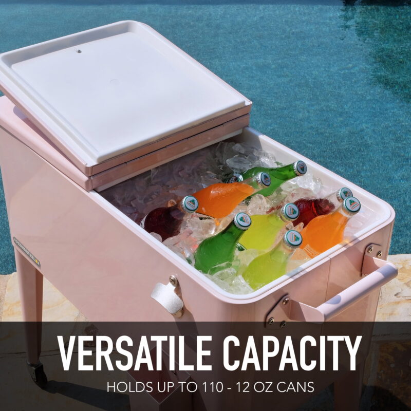 Permasteel 80-Qt Classic Outdoor Steel Patio Cooler on Wheels, Beverage Rolling Cart, Pink - Image 4