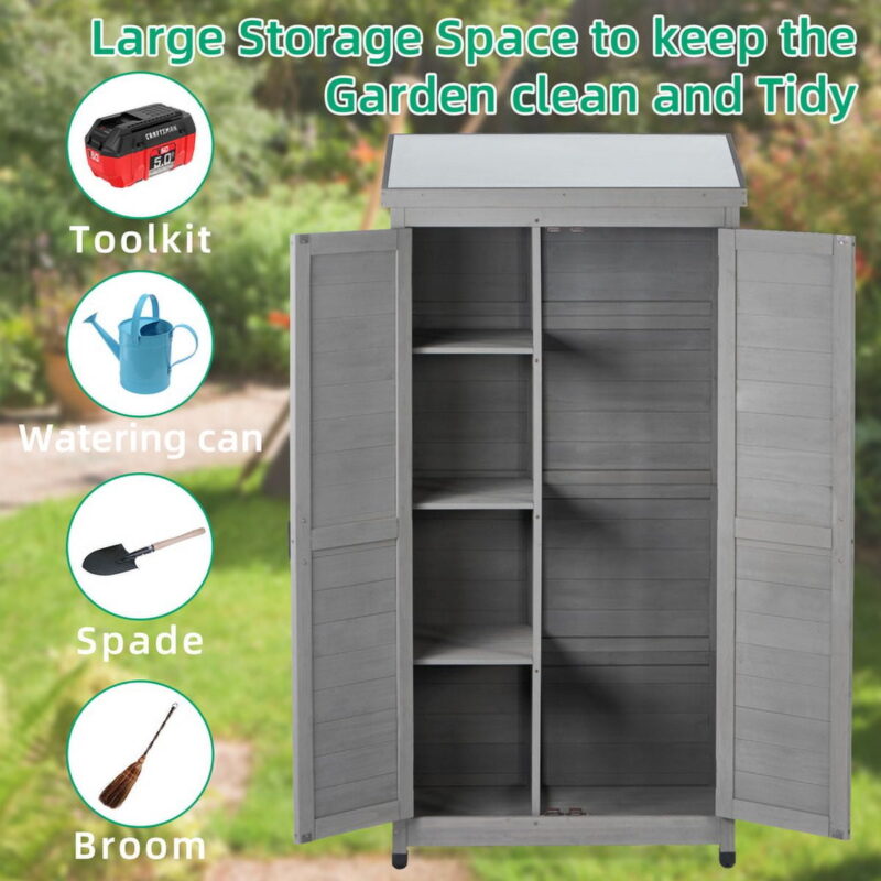 Outdoor Storage Cabinet and Metal Top,Garden Storage Shed,Outdoor 68 Inches Wood Tall Shed for Yard and Patio - Image 2