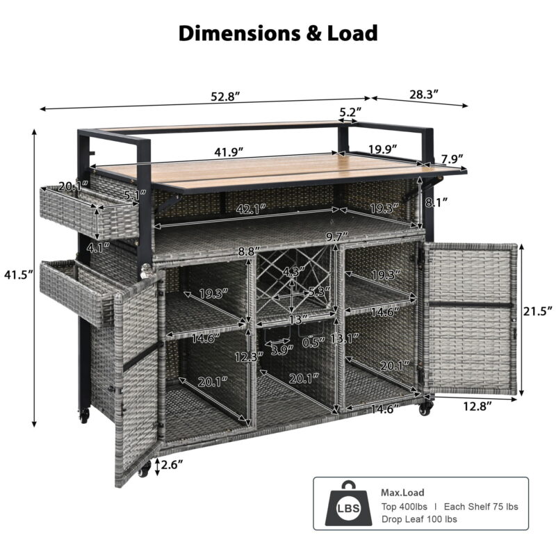 AENKYO Outdoor Grill Cart with Drop Leaf, Cabinets, Spice Racks, and Wheels, All-Weather Wicker BBQ Prep Table for Patio or Kitchen, Gray - Image 2