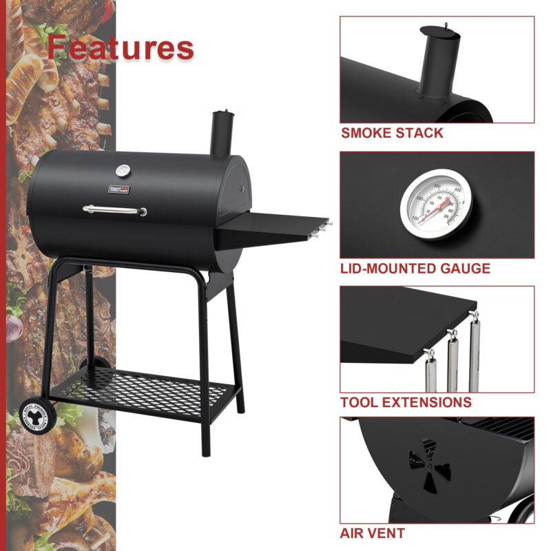 Royal Gourmet 30" CC1830 627 Square inches Barrel Charcoal Grill with Side Table - Image 6