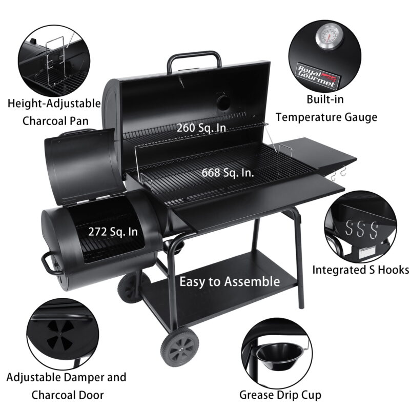Royal Gourmet 36" Charcoal Barrel Grill with Offset Smoker, Adjustable Grates and Thermometer - Image 2
