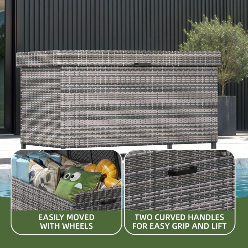 Uforic 200 Gallon Large Outdoor Rattan Deck Box, Storage Box with Storage Net & Movable Wheels for Patio Furniture, Garden Tools, Gray - Image 2