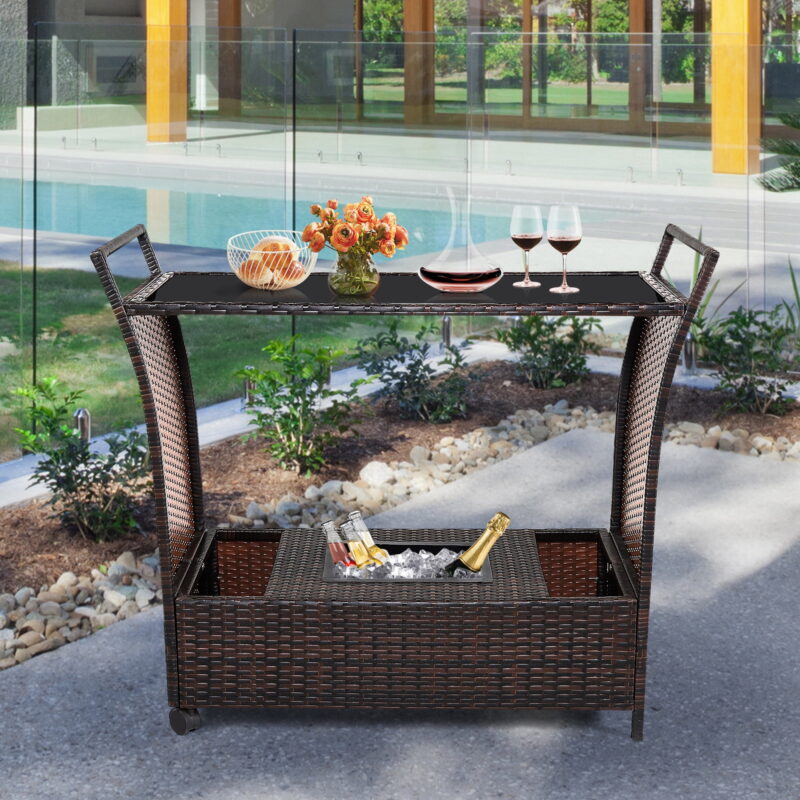 Gymax Rattan Patio Bar Cart Beverage Bar Counter Table w/ Wheels & Ice Bucket - Image 3