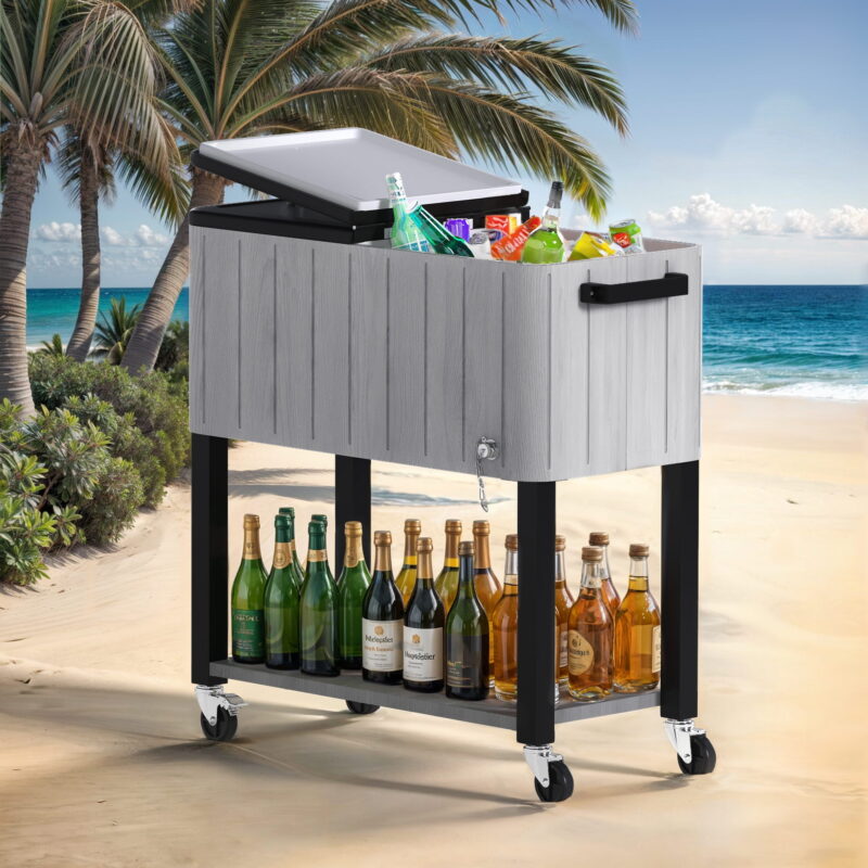 Uforic 80 Quart Rolling Cooler Cart, Outdoor Portable Beverage Ice Chest Cart, with Bottle Opener, Drain & Bottom Tray, Gray - Image 4