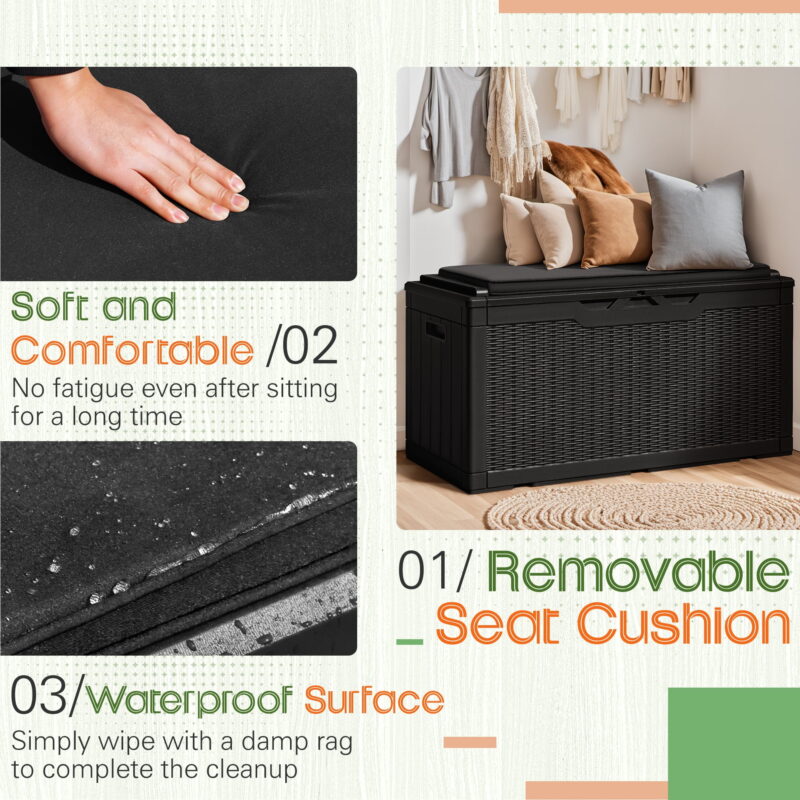 Vineego Classic Outdoor 100 Gallon Resin Deck Box with Cushions, Lockable Storage Container, Black - Image 2