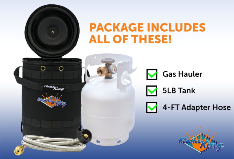 Flame King Gas Hauler Pro Kit - Insulated Protective Carry Case, 5lb Propane Tank with Built-in Gauge and 5-ft Adapter Hose for Camping and Outdoor Adventures - Image 4