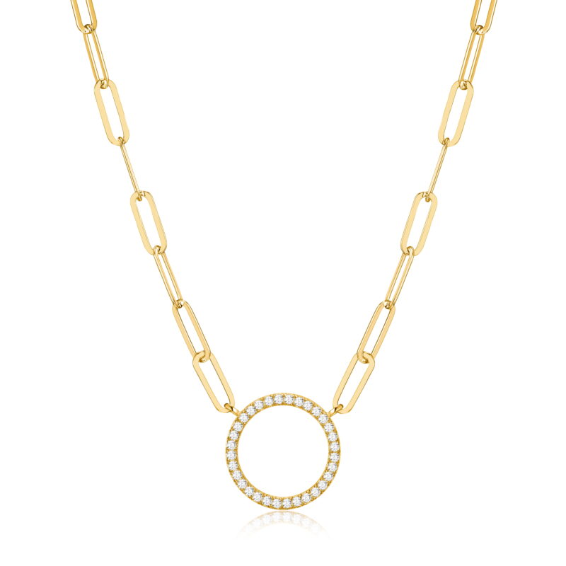 Cubic Zirconia Lined Circle 18K Gold Over Sterling Silver Paperclip Necklace Gift for Her, 18" + 2" Extension - Image 2