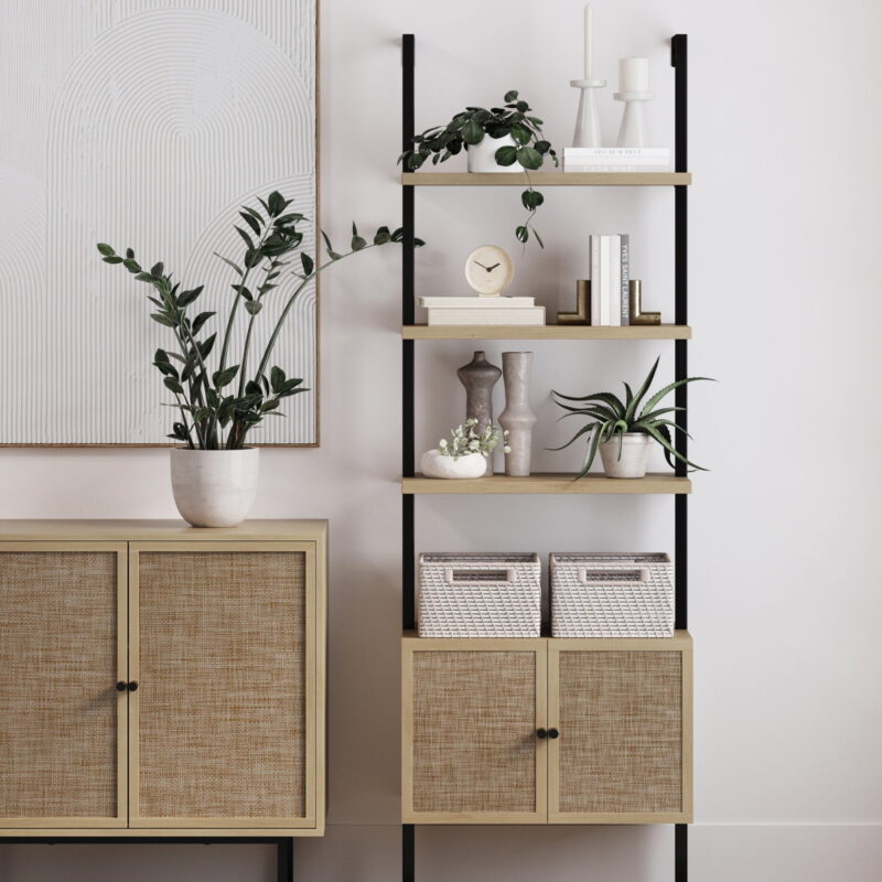 Nathan James Theo Open Shelf Bookcase with Rattan Drawers in Light Oak Wood and Matte Black Frame - Image 2