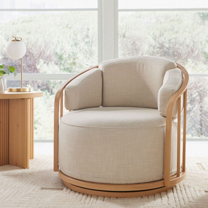 Better Homes & Gardens Lillian Swivel Birdcage Accent Chair, Cream Linen - Image 2