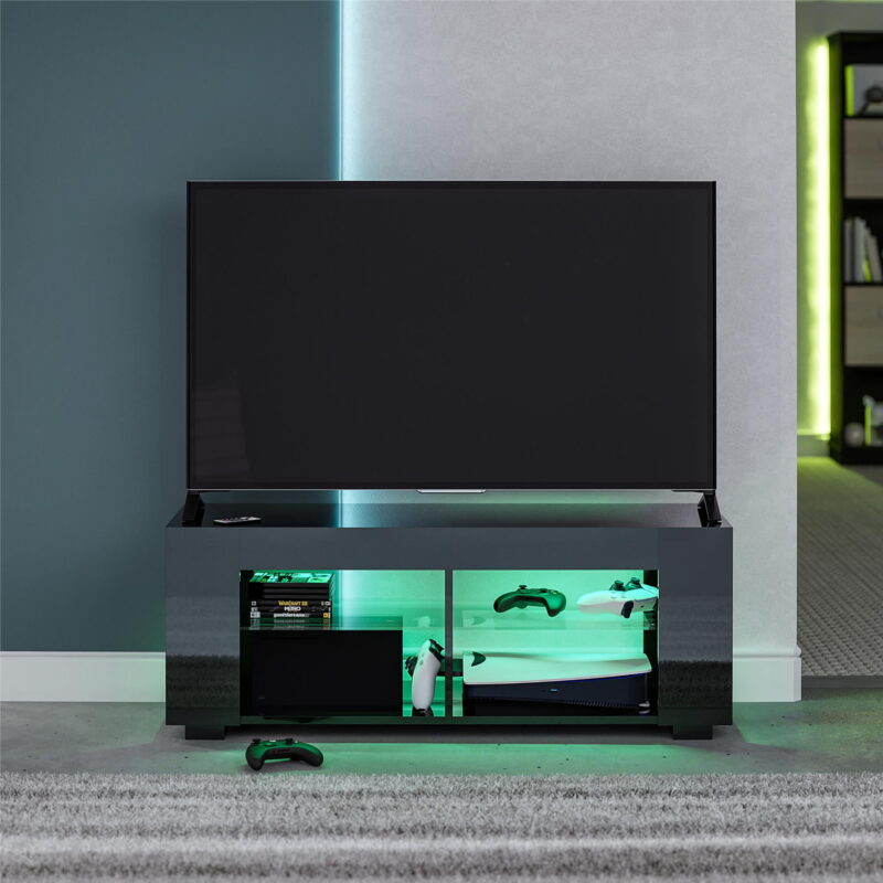 NTense LED TV Stand with Glass Shelves for TVs up to 55", Black Gloss - Image 2