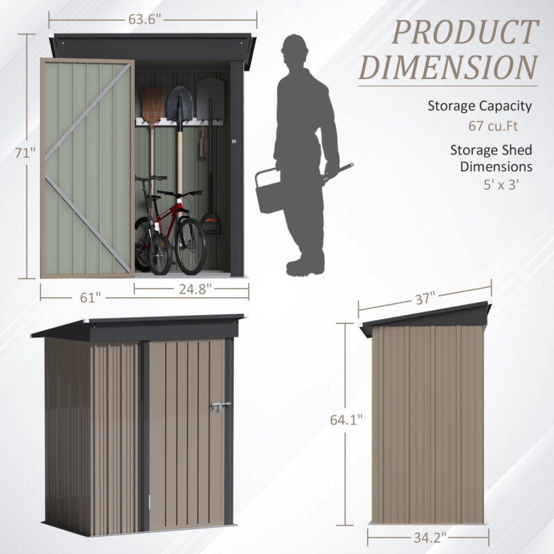 LACOO 3 x 5 ft. Patio Steel Storage Lockable Shed for Backyard, Mental Outdoor Storage Shed for Garden with Groove Roof, Brown - Image 4