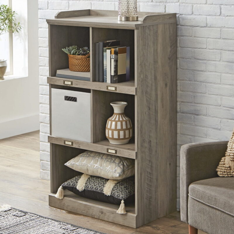 Better Homes & Gardens Modern Farmhouse 5-Cube Organizer Bookcase with Name Plates, Rustic Gray Finish - Image 2