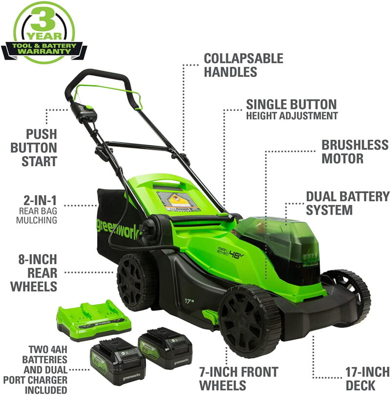 Greenworks 48V (2x24V) 17" Battery Push Mower + 2 x 24V 4Ah Batteries & Dual Port Charger 2526302 - Image 4