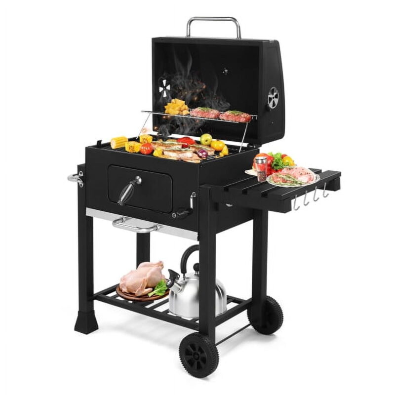Heavy-Duty Charcoal Grill - Spacious Cooking Area, Height-Adjustable Charcoal Pan, Foldable Side Table & Wheels, for Backyard/Gatherings - Image 6