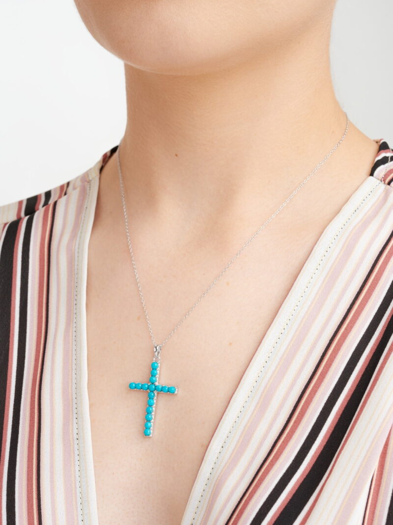 Forever Facets Platinum over Sterling Silver Genuine Turquoise Cross Necklace, Adult Female - Image 4