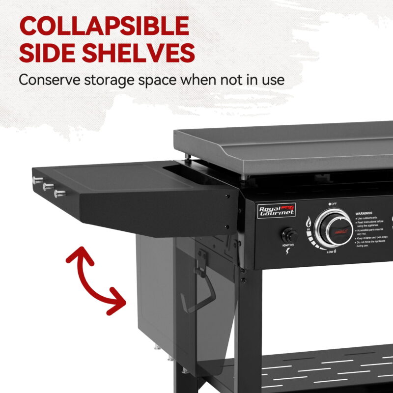 Royal Gourmet GB3000H 28-Inch 3-Burner Gas Griddle in Black, Griddle with Collapsible Side Shelves, 39,000 BTU - Image 7