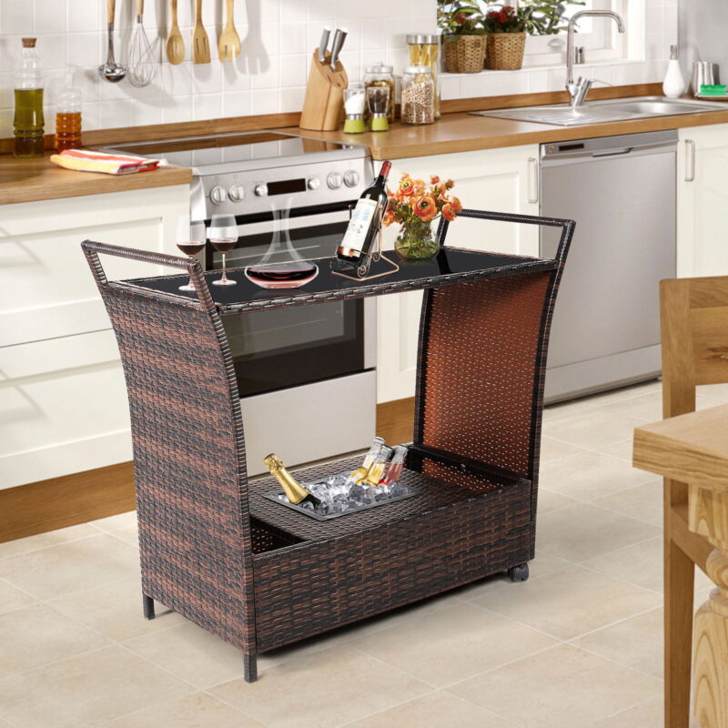 Gymax Rattan Patio Bar Cart Beverage Bar Counter Table w/ Wheels & Ice Bucket - Image 4