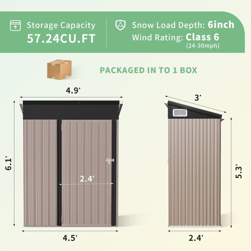 Bapipro 5' x 3' FT Outdoor Storage Shed, Outside Metal Tool Shed with Lockable Door for Backyard, Patio, Garden, Brown - Image 5