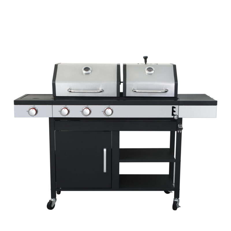 Windspire 3-burner 37230BTU Propane Gas + Charcoal BBQ Grill with Side Burner, Shelves, Enamel Cooking Grids, Stainless Steel, Black + Grey - Image 6
