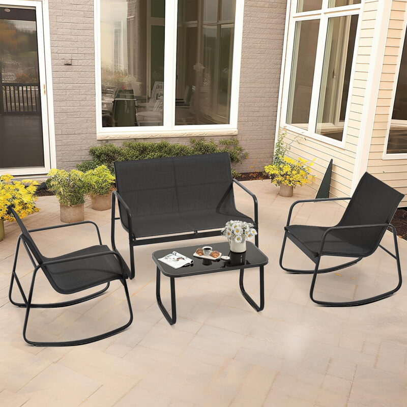 Uforic 4 Pieces Outdoor Furniture Set Patio Textilene Steel Conversation Set, Rocking Bistro Set with Loveseat Glass Table - Black - Image 4