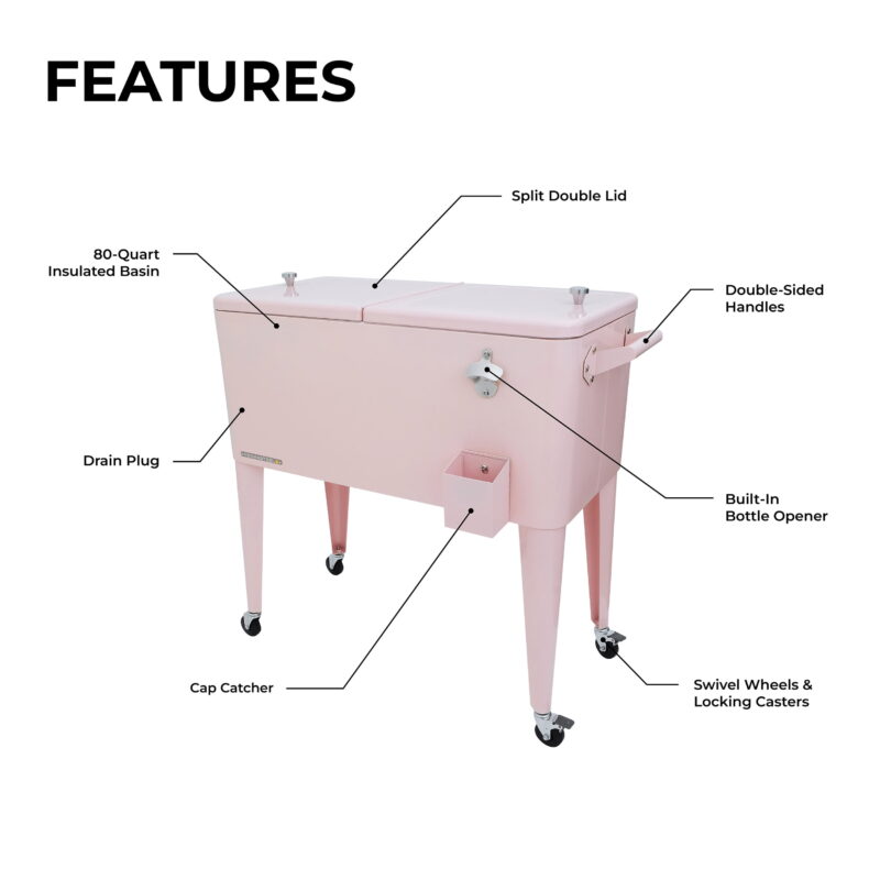 Permasteel 80-Qt Classic Outdoor Steel Patio Cooler on Wheels, Beverage Rolling Cart, Pink - Image 2