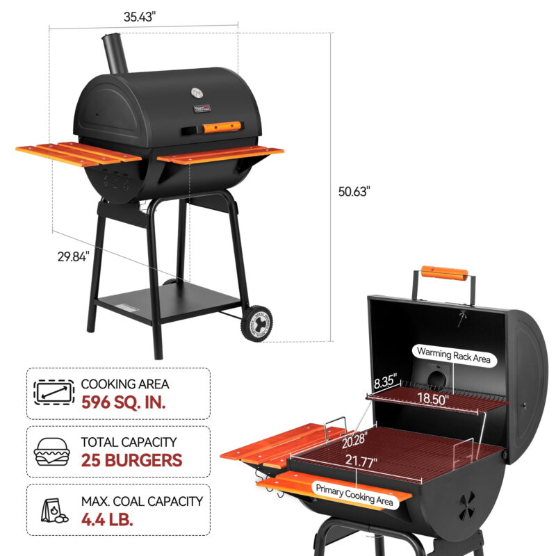 Royal Gourmet CC2024 24-inch Charcoal BBQ Grill with Wooden Front Shelf & Side Shelf - Image 3
