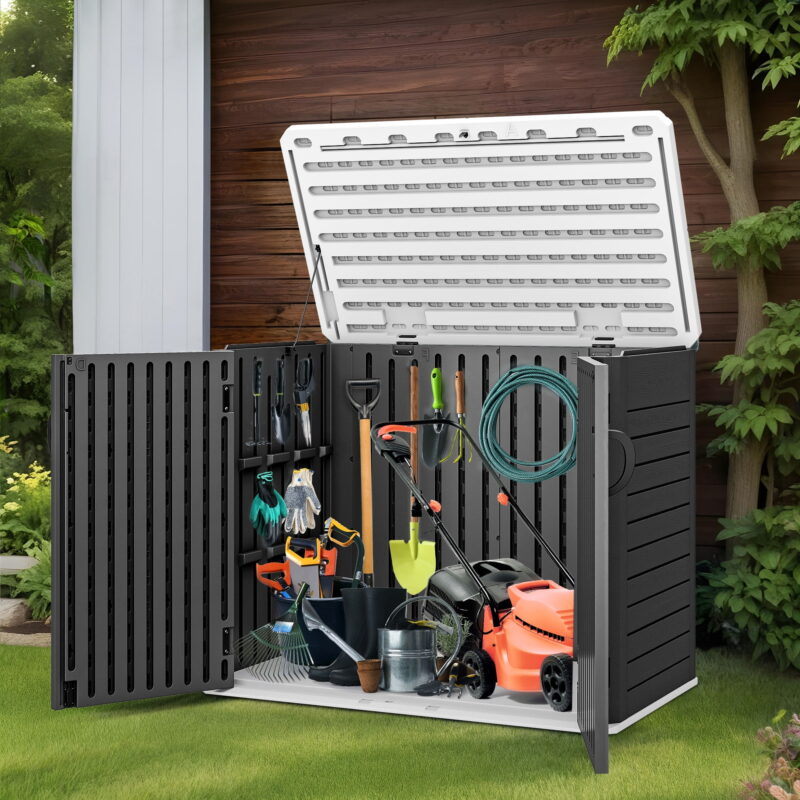 Uforic Outdoor Horizontal Storage Shed with X-Shaped Lockable Door, 35 Cu Ft Weather Resistant Resin Tool Shed, Dark Gray - Image 5