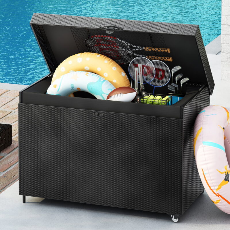 Euroco Wicker Deck Box with Wheels, All-Weather Outdoor Storage Bin for Patio Furniture, Outdoor Cushions, Pool Storage, and Garden Tools - Image 2