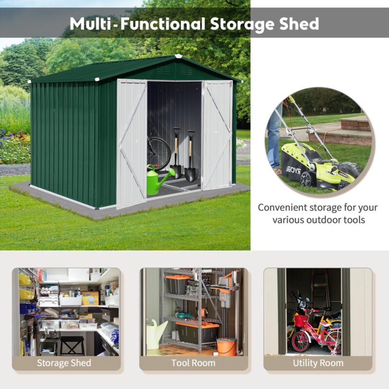 Aukfa 8FT x 6FT Outdoor Storage Shed, Metal Garden Shed with Vents, Tool Shed with Door and Padlock for Backyards, Patio Lawns, Green - Image 5