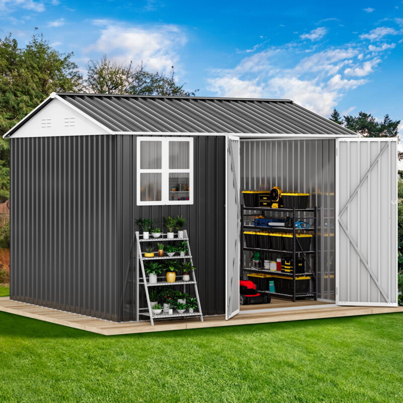 Uforic 10' x 8' Outdoor Storage Shed, Waterproof Metal Shed with Windows, Lockable Doors Gray/White - Image 6