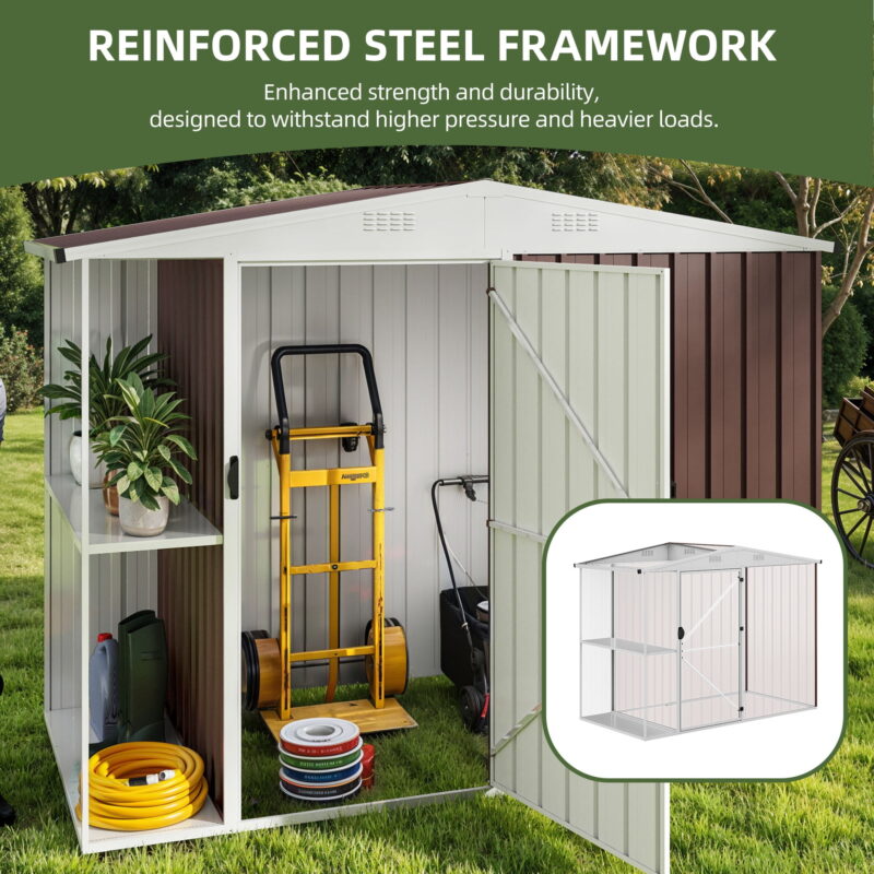 Uforic 8x4 FT Outdoor Metal Storage Shed with Shelves, Lockable Tool Cabinet for Garden (Brown) - Image 7