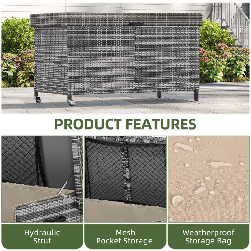 Uforic 200 Gal Large Outdoor Storage Box with Wheels, All-Weather Rattan Cabinet for Patio/Pool, Gray - Image 6