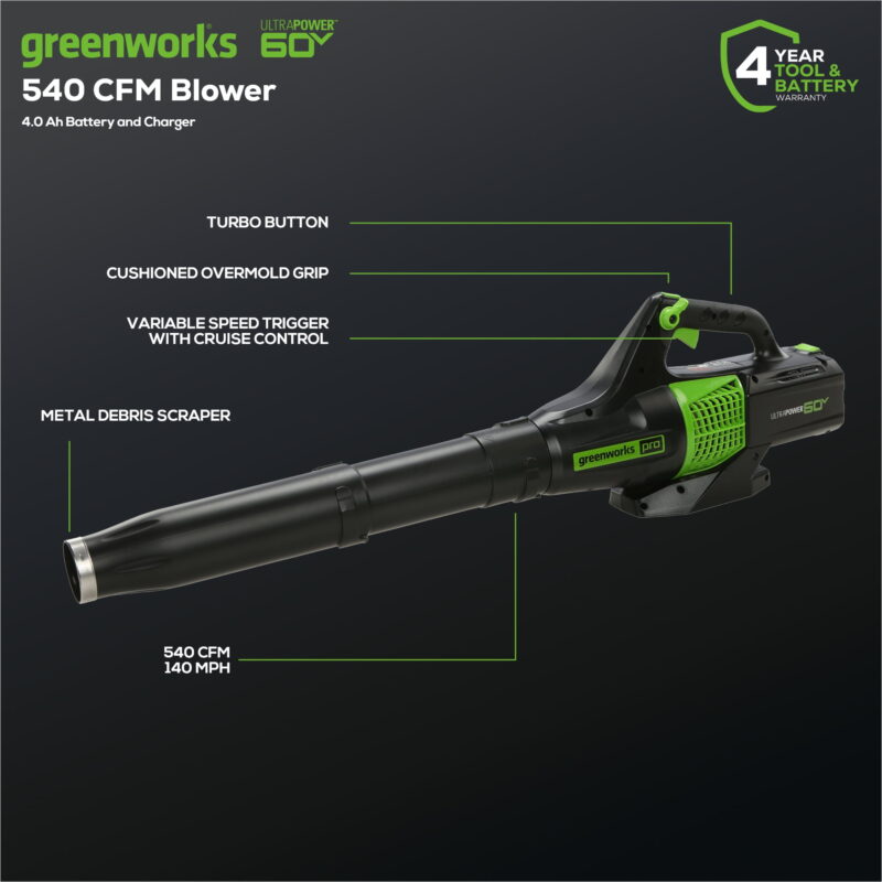 Greenworks 60V 13" String Trimmer, 140 MPH 540 CFM Leaf Blower Combo + 4Ah Battery & Charger 1303302 - Image 2