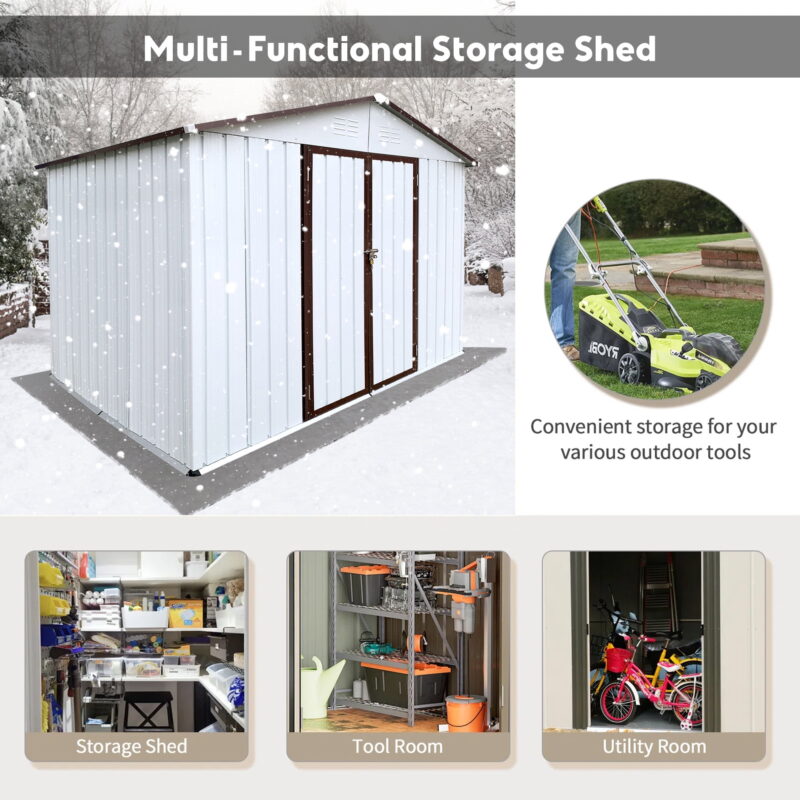 Aukfa 8FT x 6FT Outdoor Storage Shed, Metal Garden Shed with Vents, Tool Shed with Door and Padlock for Backyards, Patio Lawns, White - Image 2